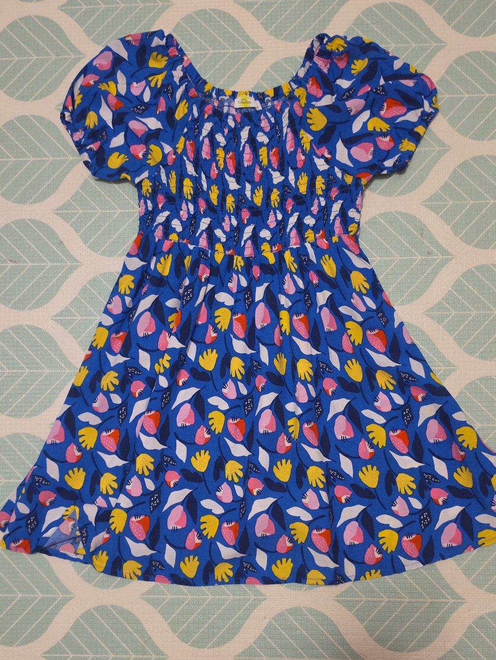 Girls Blue Floral Puff-Sleeve Smocked Dress